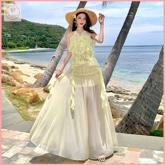 HB7026 Women's Absolutely gorgeous, incredibly beautiful, and ethereal ruffled halter neck suspender dress two-piece set, perfect for a vacation vibe and island feel.