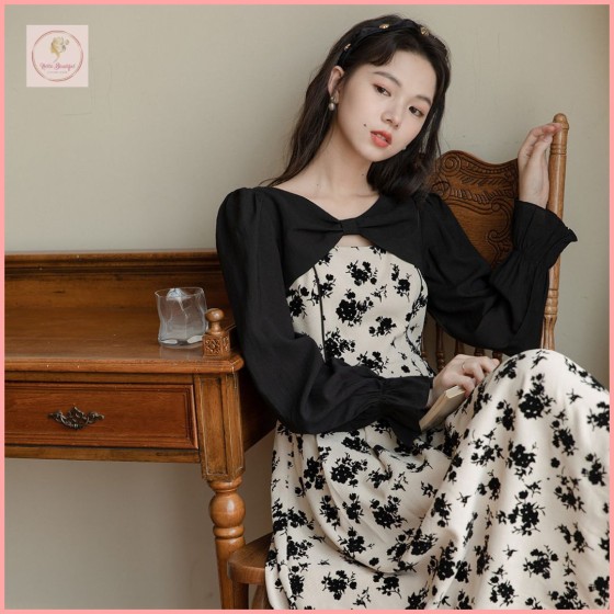 HBP24 Japanese-style women's French-style dried rose floral dress, 2025 spring and autumn new style, elegant goddess look, slimming long dress.