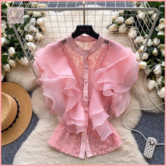 HB6965 Women's Luxury and sophisticated, stylish design, three-dimensional ruffled lace patchwork blouse for women, summer French style, versatile thin top