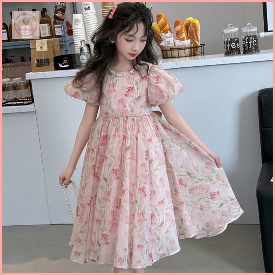 HBK55 Girls' Runaway Princess Dress, Summer 2025 New Style, Chiffon Floral Short-Sleeved Dress