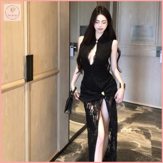 HB6817 Women's New Chinese style elegant sleeveless lace dress with high slit, sexy and flattering waist, bodycon long skirt.