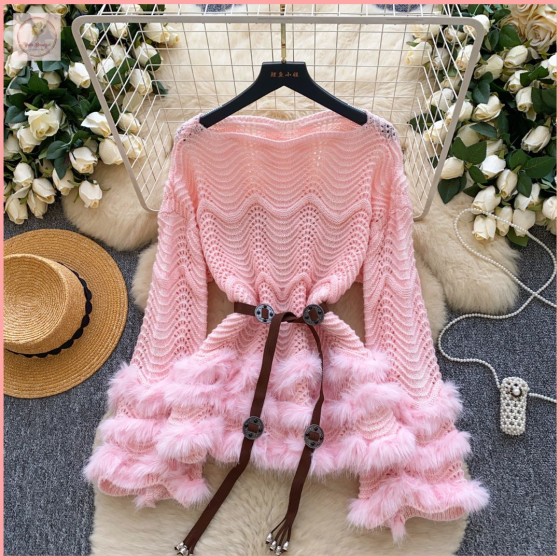 HB6861 Women's Dress Pure & Sexy Heavy-Duty Fuzzy Patchwork Hollowed-Out Long-Sleeved Knitted Top Fashionable Tie-Waist High-End Sweater Summer 2025 Casual Minimalist White Lingerie