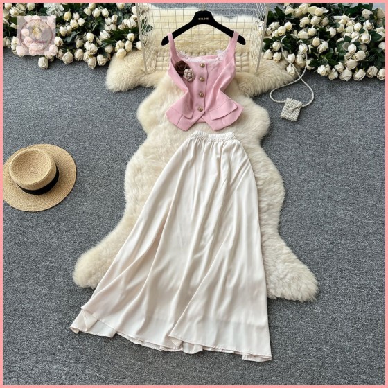 HB6982 Chanel-inspired 3D floral halter top, fitted waist vest, high-waisted satin skirt, two-piece summer set.