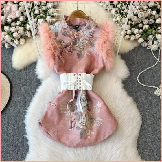 HB6282 Women's Spring 2025 New National Style Embroidery Cheongsam Style Fur Shoulder High Waist Sleeveless Dress with Belt and Print