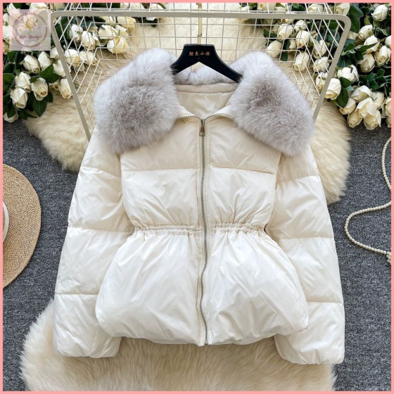 HB6978 Womens Jacket High-end, unique, versatile long-sleeved cotton-padded coat with fur collar, 2025 new style, loose fit, drawstring, warm outerwear.