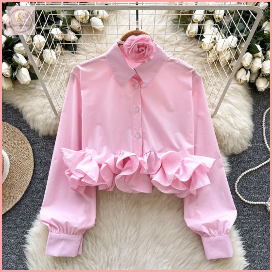 HB6957 Women's Spring Blouse with French Three-Dimensional Lace Design, Short Collar, Long Sleeve, Ribbon and Floral Top
