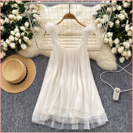 HB6853 Women's dress Fairy-like 3D floral halter dress, 2025 summer French style loose fit slimming mesh puffy babydoll skirt.