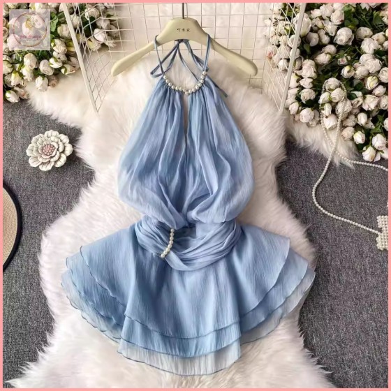 HB7035 Women's 2025 Spring/Summer New Arrival Halter Neck Backless Textured Ruffled Puff Dress Waist Tie-Waist Sweet Resort Style Short Skirt