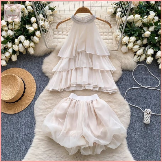 HB6995 Women's Beaded halter neck sleeveless chiffon top with ruffles + high-waisted tulip shorts