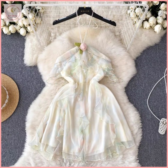 HB6988 Women's Retro-inspired halter neck suspender dress, women's mesh ruffle dress, sweet and alluring design, fairy dress.