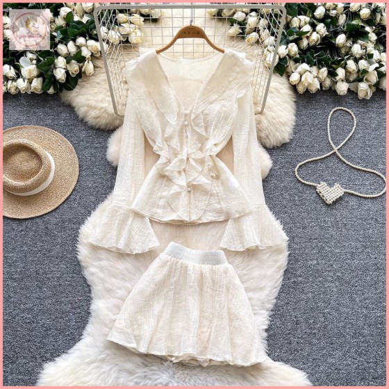 HB6980 Women's style gentle and elegant V-neck ruffled spliced ​​long-sleeved chiffon blouse and high-waisted skirt set