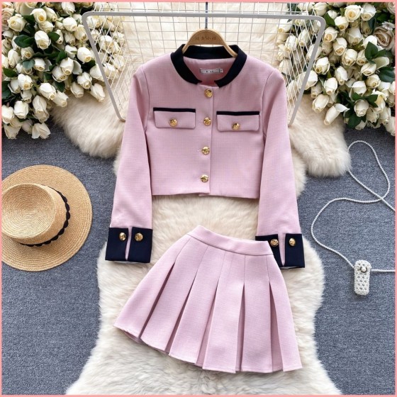 HB6852 Women's Set: Color-Blocked Cardigan & Pleated Skirt Two-Piece Spring Outfit for 18-25 Year Olds in Pink, White, Green, Black Sizes S M L - Casual