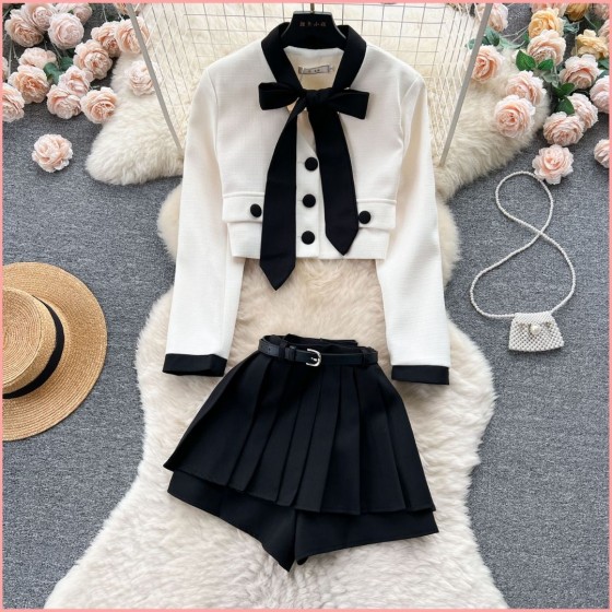 HB6849 Women's Set Early Autumn Light French Style Suit: Short Belted Blazer High-Waisted Pleated Skirt & Pants in White & Black