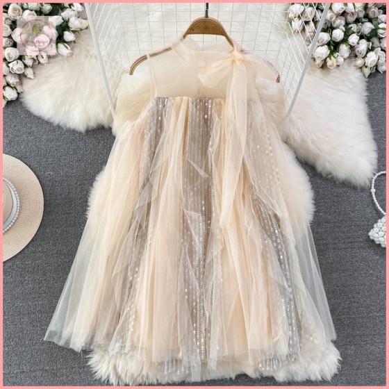 HB7037 French-style sweet fairy dress, gentle style, petite, loose round neck sleeveless sequined A-line mesh dress