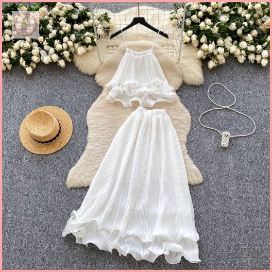 HB7034 Fairy-like Vacation Set 2025 New French Gentle Style Camisole Top + High-Waisted Ruffled Pleated Skirt