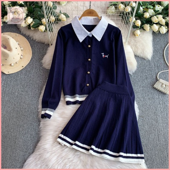 HB7031 Preppy retro-style patchwork striped embroidered metal buckle lapel coat + high-waisted slimming pleated mini skirt two-piece set