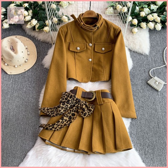 HB7021 Womens set preppy retro brown wool stand-collar short coat + sexy high-waisted slimming pleated skirt two-piece set