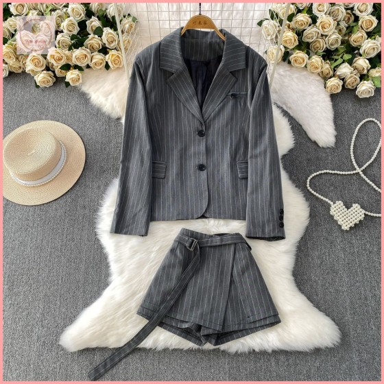 HB7022 British-style chic and professional striped blazer with a blazer collar + sexy high-waisted, slimming mini skirt with a tie-up design.
