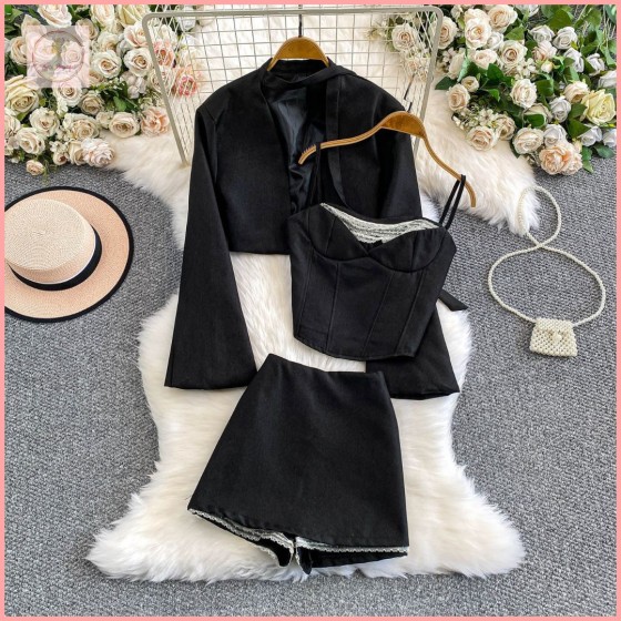 HB7017 A chic and professional three-piece set including a V-neck flared sleeve short jacket with flowing ribbons, a sophisticated and alluring lace-trimmed c