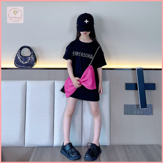 HBK46 Heavy-duty rhinestone children's clothing, trendy street style, loose-fitting T-shirt dress for girls, summer 2026, princess short-sleeved dress with big ribbon