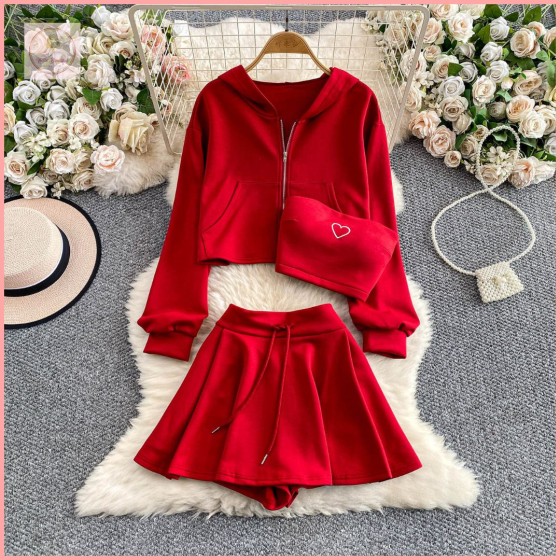 HB6732 Stylish and casual three-piece women's autumn short hooded cardigan jacket + padded bra top + high-waisted skirt