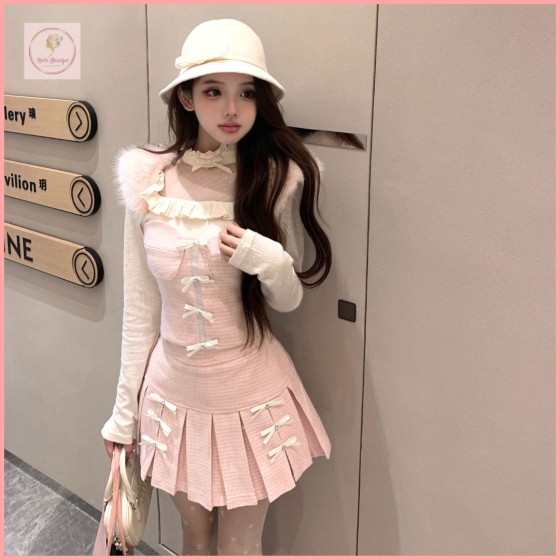 HB7068 Women's set Sweet Tweed Camisole Set with Bow and Pleated Skirt, Pink Two-Piece Set for Winter, Chanel Style