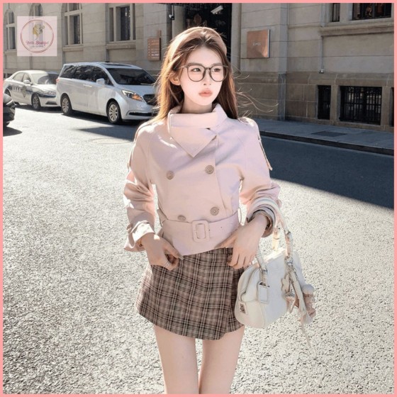 HB6829 Korean-style elegant stand-up collar double-breasted trench coat for women, autumn high-end fashion waist-cinching plaid skirt set