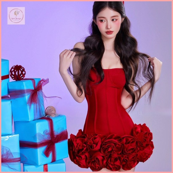 HB611 MOXI Red Rose Strapless Elegant Birthday Dress, Heavy-Duty Christmas Robe, Rose Mermaid Tutu Skirt
