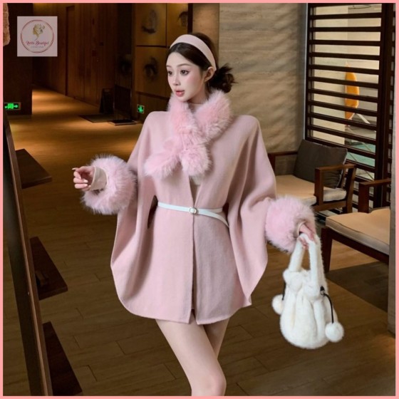 HB7069 French-style long-sleeved wool coat with fur collar, exuding a sophisticated and elegant vibe, perfect for winter.