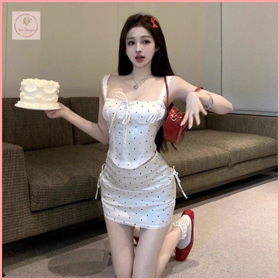 HB7056 French polka dot cropped camisole top and sexy women's winter tie-up bodycon skirt two-piece set