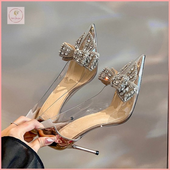 HBS100 French-style transparent high heels for women, stiletto heels, new summer 2025 style, elegant and sophisticated, rhinestone bow pointed toe shoes.