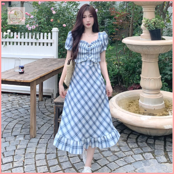 HBP25 Plus-size women's pure and gentle style blue plaid suspender dress with a waist-cinching cardigan, slimming midi skirt