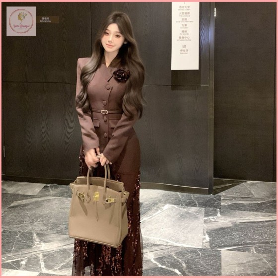 HB7060 A sophisticated and elegant sequined mesh-trimmed long dress in a chic, luxurious style, perfect for autumn and winter 2025. A new style for women.