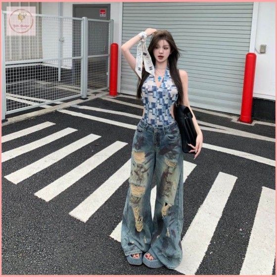HB6877 Sexy halter neck backless jumpsuit, high-waisted ripped retro American style wide-leg jeans.