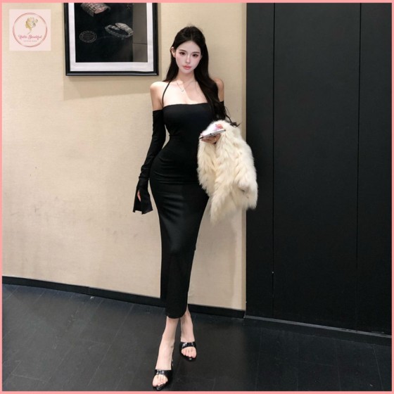 HB7061 Off-the-shoulder black halter neck long-sleeved dress for autumn and winter, pure and sexy backless fishtail skirt, figure-hugging long skirt