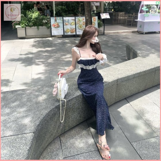 HB7064 Navy blue retro floral print sundress for women, summer style, lace trim, slim fit, waist-cinching, sweet and spicy bodycon long dress.