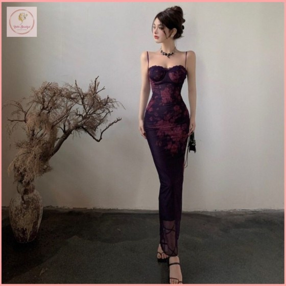HB7067 Purple floral print sundress, summer cheongsam style, mature and elegant lace skirt with slit, sexy waist-cinching and hip-hugging long skirt