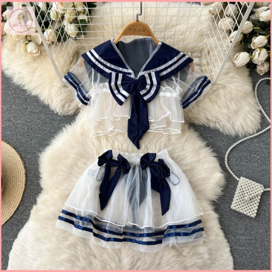 HB6966 Japanese-style soft girl fashion two-piece set: sailor collar mesh crop top and puffy skirt for petite and sexy girls.
