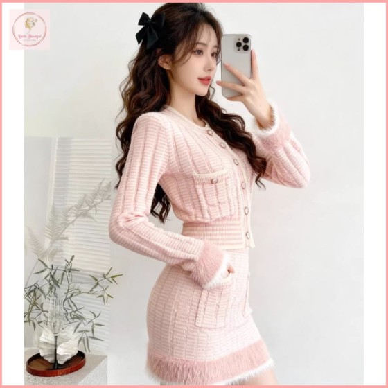 HB7024A yet soft pink knit top with heavy-duty patchwork yarn texture paired with a high-waisted  skirt set