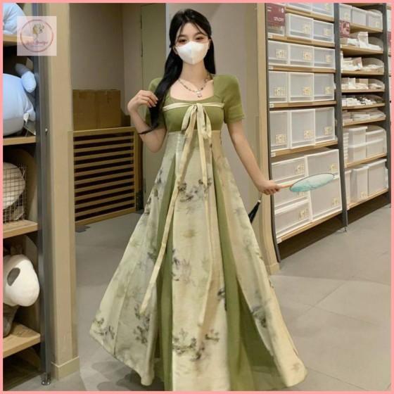 HBP01 New Chinese style patchwork dress for women, summer forest style, waist-cinching, slimming, square neck, super fairy-like and high-end long dress plus sizes