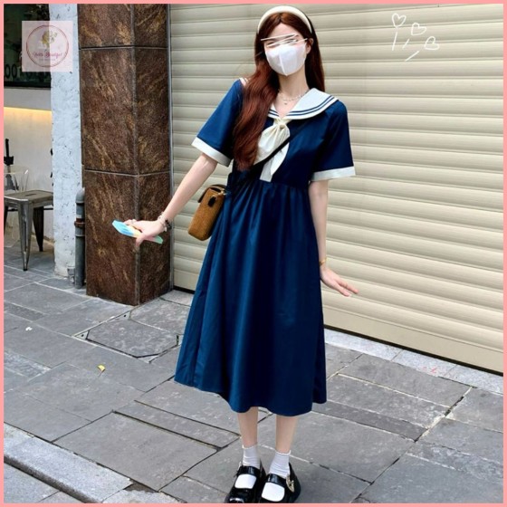 HBP03 Plus-size women's summer dress, slimming and flattering, preppy style, sailor collar, long dress that hides flaws and makes you look younger.