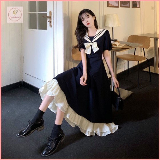 HBP04 Sweet bow-tie sailor collar preppy style long dress for women, plus size, short sleeve, ruffled Lolita dress for summer.