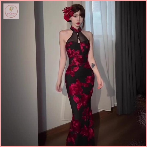 HB6712 Women's style halter neck dress high-end hollow hip fishtail