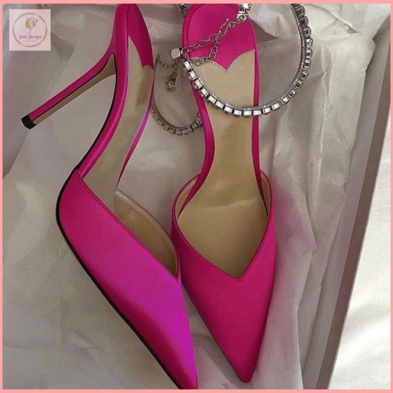 HBS70 Women's Pink High-Heeled Sandals for 2024 Spring & Summer Rhinestone Chain Pointed Stiletto Shoes with Buckle for Youth 18-40 Years Old