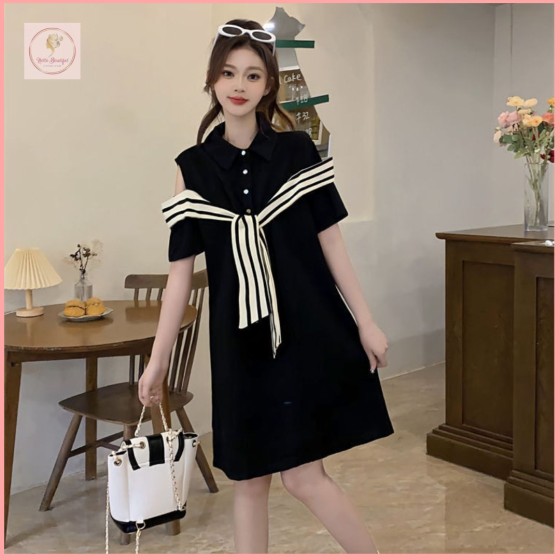 HBP31 Plus Size 300 lb Off-Shoulder Striped Polo Neck Little Black Dress for Curvy Women - Loose Fit, Tummy-Concealing, Slimming Summer Dress