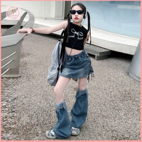 HBK53 Girls' 2026 Bow Embroidery Rhinestone Knitted Vest Korean Style Runway Performance Outfit Two-Piece Jeans Set