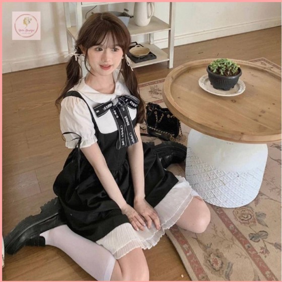 HBP17 Plus-size women's summer cute and sweet princess dress, high-waisted A-line short school style patchwork dress with a slimming waist