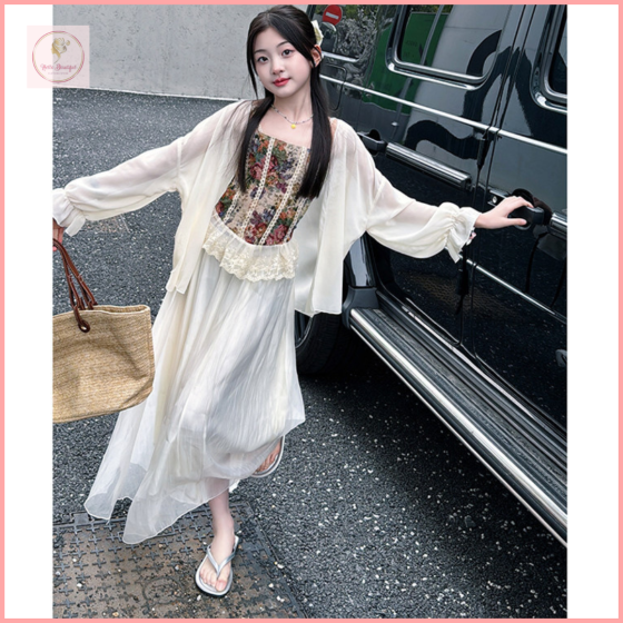 HBK53 Girls' New Chinese Style Bell Sleeve Sun Protection Cardigan Three-Piece Set Summer 2025 New Style Large Children's Lace Suspender Skirt
