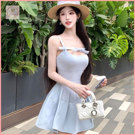 HB6645 French Retro Off-Shoulder Spaghetti Strap Dress for Summer, Elegant and Sophisticated, Perfect for Banquets, Bow-Tie Mini Dress