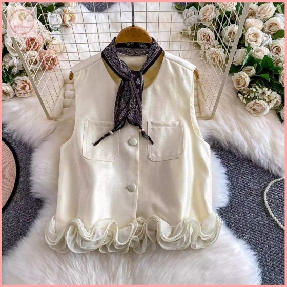 HB6928 Women's Sophisticated and elegant OL professional vest, mature and stylish sleeveless top with ribbons, short ruffles, trendy